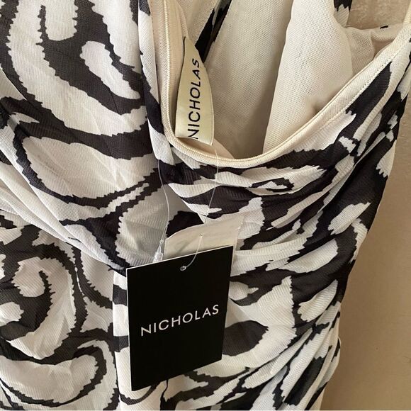 Nicholas Drue Draped Asymmetrical Midi Dress black white print braid Revolve 12 - Picture 14 of 14